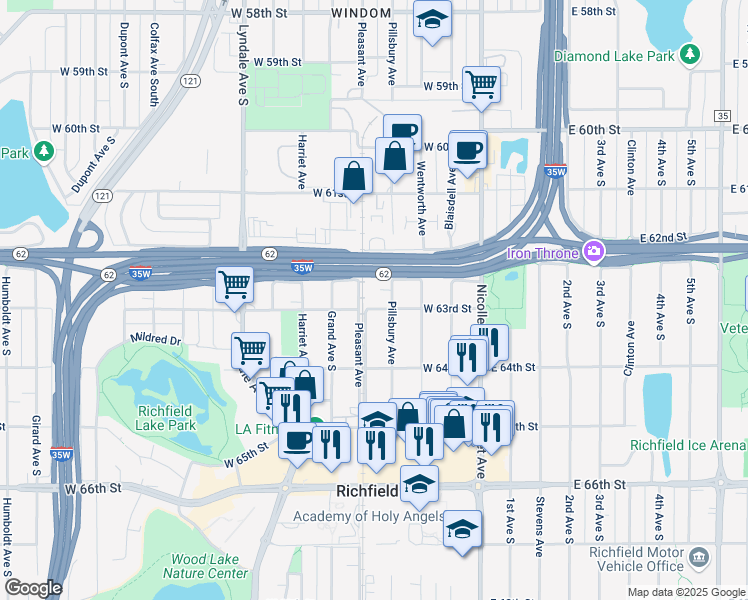 map of restaurants, bars, coffee shops, grocery stores, and more near 6237 Pleasant Avenue in Minneapolis