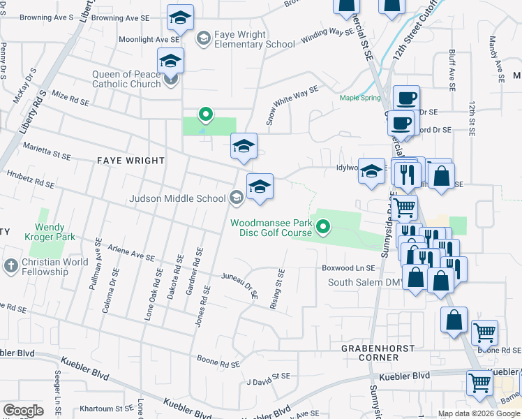map of restaurants, bars, coffee shops, grocery stores, and more near 4512 Jones Road Southeast in Salem