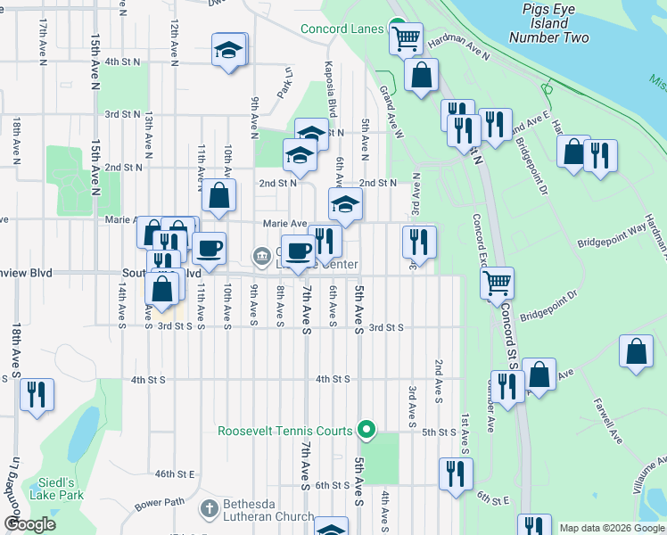 map of restaurants, bars, coffee shops, grocery stores, and more near 151 6th Avenue South in South Saint Paul