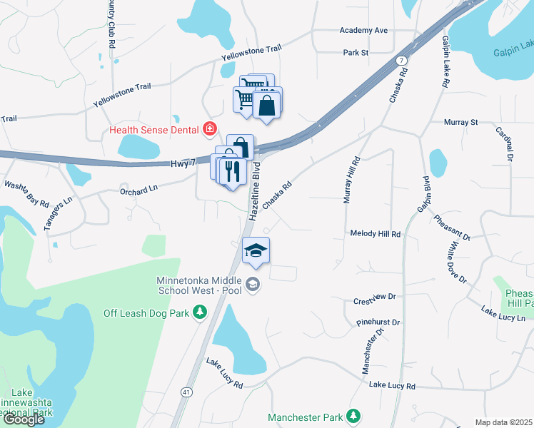 map of restaurants, bars, coffee shops, grocery stores, and more near 2325 Melody Hill Road in Excelsior