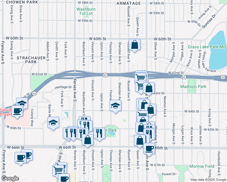map of restaurants, bars, coffee shops, grocery stores, and more near 6245 Thomas Avenue South in Minneapolis