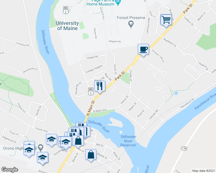 map of restaurants, bars, coffee shops, grocery stores, and more near 38 Park Street in Orono