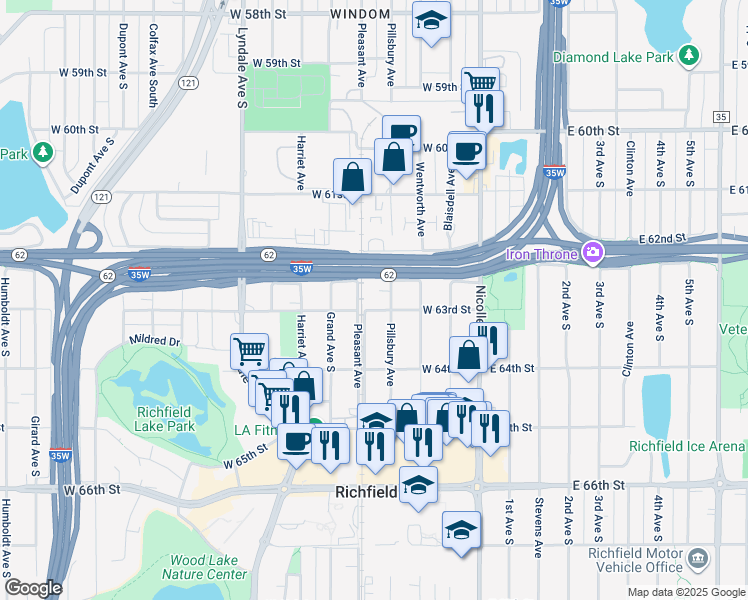 map of restaurants, bars, coffee shops, grocery stores, and more near 6237 Pleasant Avenue in Richfield