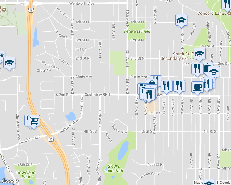 map of restaurants, bars, coffee shops, grocery stores, and more near 1602 Southview Boulevard in South Saint Paul