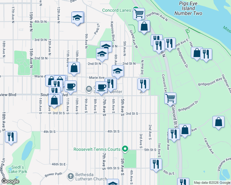 map of restaurants, bars, coffee shops, grocery stores, and more near 151 6th Avenue South in South Saint Paul