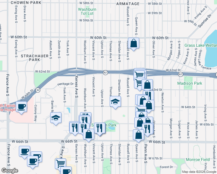 map of restaurants, bars, coffee shops, grocery stores, and more near 6245 Thomas Avenue South in Minneapolis