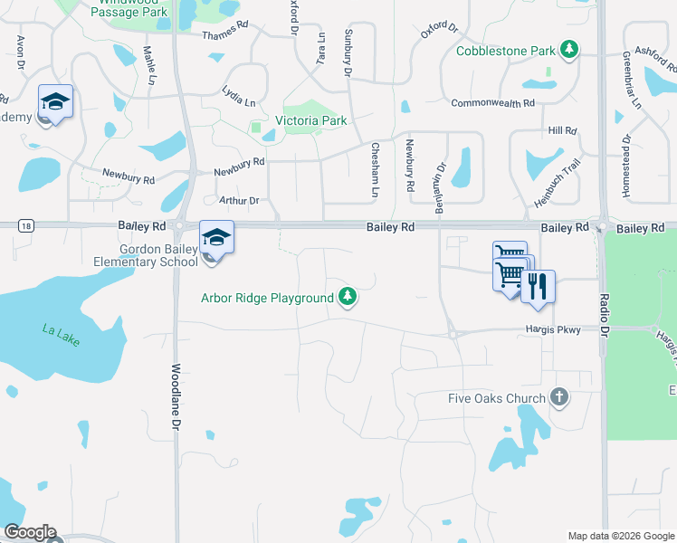 map of restaurants, bars, coffee shops, grocery stores, and more near 7505 Bailey Road in Woodbury