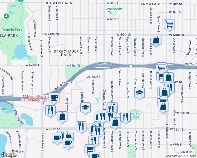 map of restaurants, bars, coffee shops, grocery stores, and more near 3111 Heritage Drive in Minneapolis