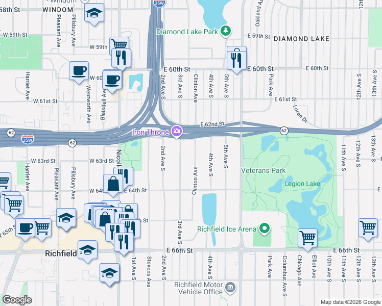 map of restaurants, bars, coffee shops, grocery stores, and more near 6245 Clinton Avenue in Richfield