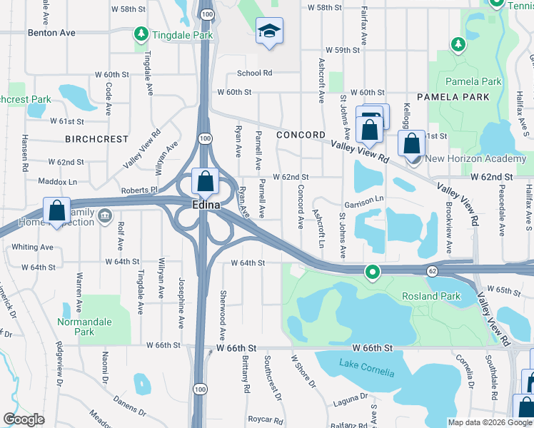 map of restaurants, bars, coffee shops, grocery stores, and more near 6301 West 63rd Street in Edina