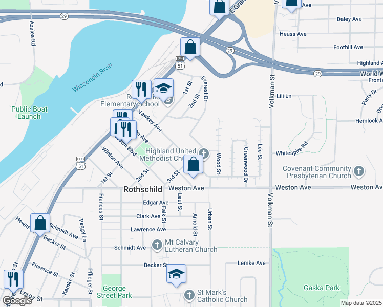 map of restaurants, bars, coffee shops, grocery stores, and more near 216 Yawkey Avenue in Rothschild