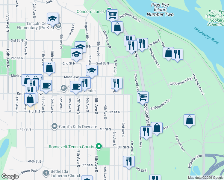 map of restaurants, bars, coffee shops, grocery stores, and more near in Saint Paul