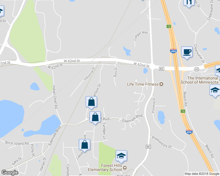 map of restaurants, bars, coffee shops, grocery stores, and more near 6300 Bury Drive in Eden Prairie