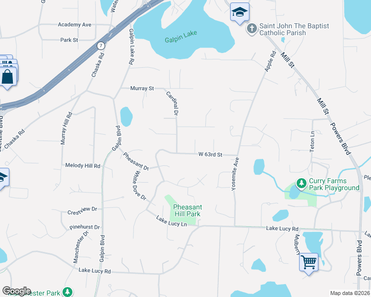 map of restaurants, bars, coffee shops, grocery stores, and more near 1700 West 63rd Street in Excelsior