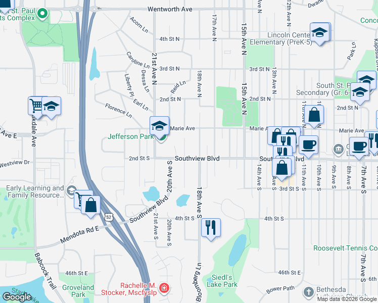 map of restaurants, bars, coffee shops, grocery stores, and more near 1810 Southview Boulevard in South Saint Paul