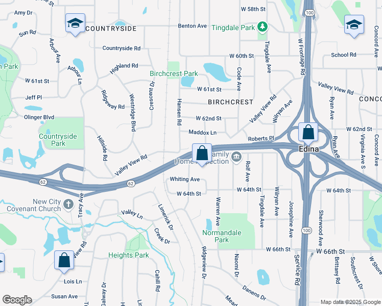 map of restaurants, bars, coffee shops, grocery stores, and more near Highway 62 in Edina