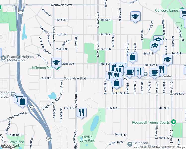 map of restaurants, bars, coffee shops, grocery stores, and more near 1602 Southview Boulevard in South Saint Paul