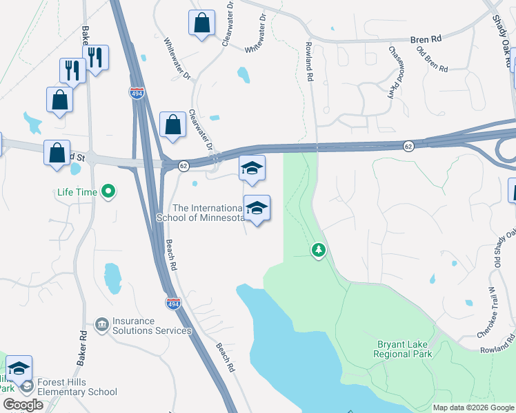 map of restaurants, bars, coffee shops, grocery stores, and more near 6385 Beach Road in Eden Prairie