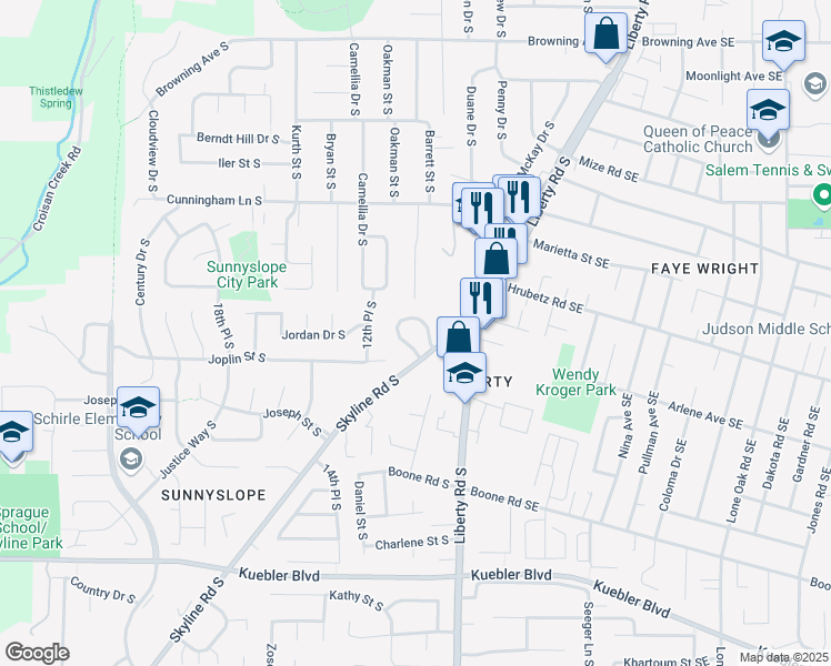map of restaurants, bars, coffee shops, grocery stores, and more near 1192 Liberty Circle South in Salem