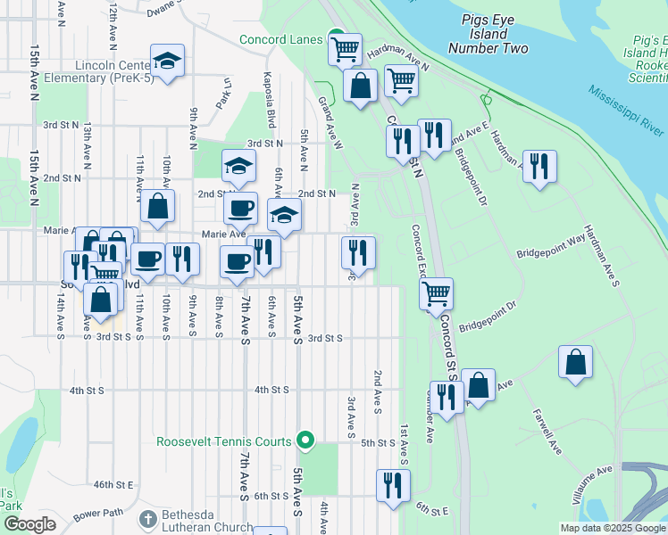 map of restaurants, bars, coffee shops, grocery stores, and more near in Saint Paul