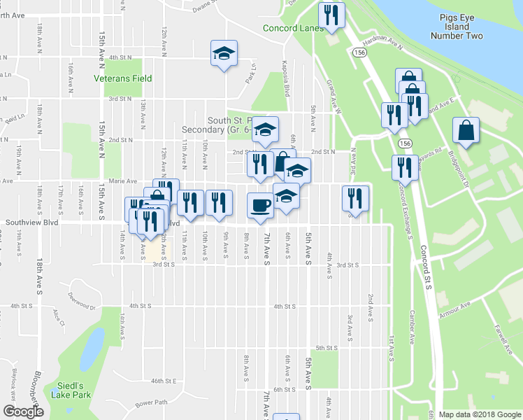 map of restaurants, bars, coffee shops, grocery stores, and more near 155 8th Avenue South in South Saint Paul