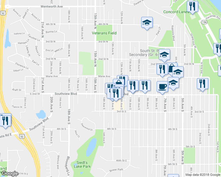 map of restaurants, bars, coffee shops, grocery stores, and more near 157 14th Avenue North in South Saint Paul