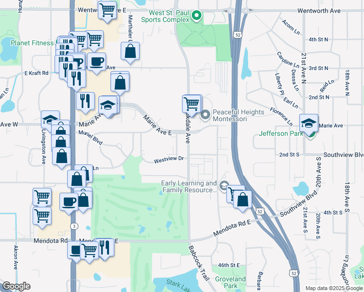 map of restaurants, bars, coffee shops, grocery stores, and more near in West Saint Paul
