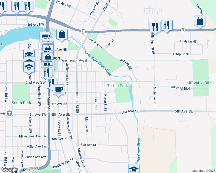 map of restaurants, bars, coffee shops, grocery stores, and more near 615 3rd Avenue Southeast in Hutchinson