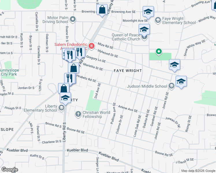 map of restaurants, bars, coffee shops, grocery stores, and more near 258 Hrubetz Road Southeast in Salem