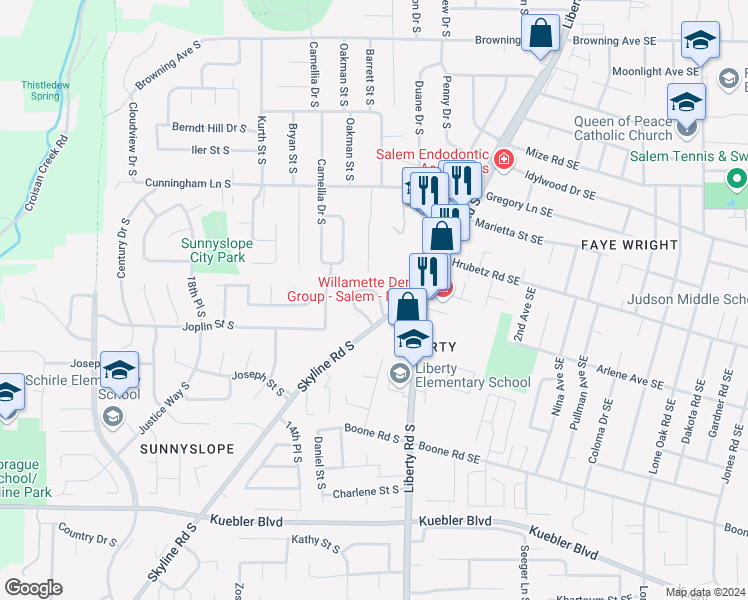 map of restaurants, bars, coffee shops, grocery stores, and more near 1119 Liberty Circle South in Salem