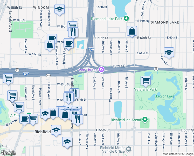 map of restaurants, bars, coffee shops, grocery stores, and more near 6244 2nd Avenue South in Richfield