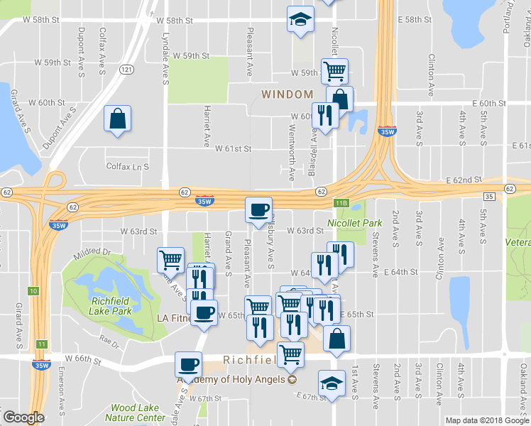 map of restaurants, bars, coffee shops, grocery stores, and more near 6234 Pillsbury Avenue in Minneapolis