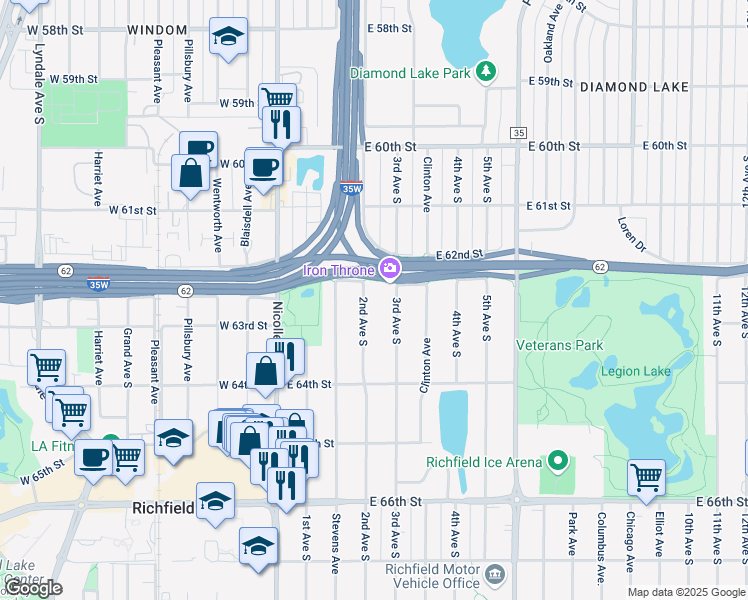 map of restaurants, bars, coffee shops, grocery stores, and more near 6244 2nd Avenue South in Richfield