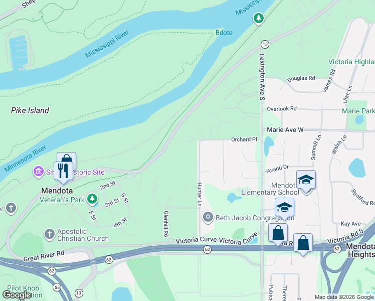 map of restaurants, bars, coffee shops, grocery stores, and more near 1855 Hunter Lane in Mendota Heights
