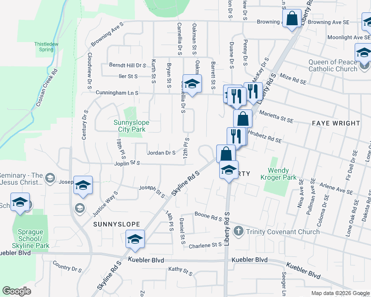 map of restaurants, bars, coffee shops, grocery stores, and more near 4600 12th Place South in Salem