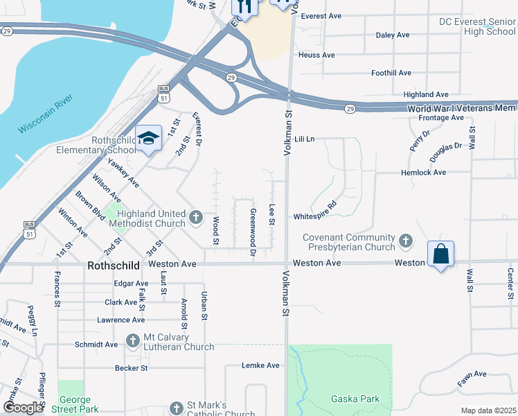 map of restaurants, bars, coffee shops, grocery stores, and more near 206 Greenwood Drive in Rothschild