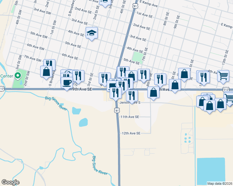 map of restaurants, bars, coffee shops, grocery stores, and more near 921 5th Street Southeast in Watertown