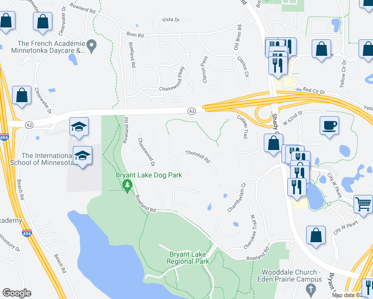 map of restaurants, bars, coffee shops, grocery stores, and more near 11854 Thornhill Road in Eden Prairie
