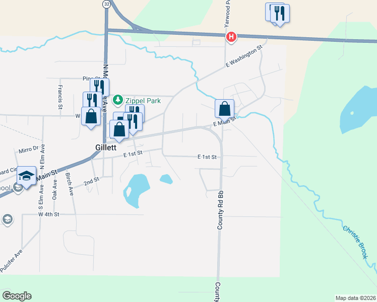map of restaurants, bars, coffee shops, grocery stores, and more near 110 South Zippel Avenue in Gillett
