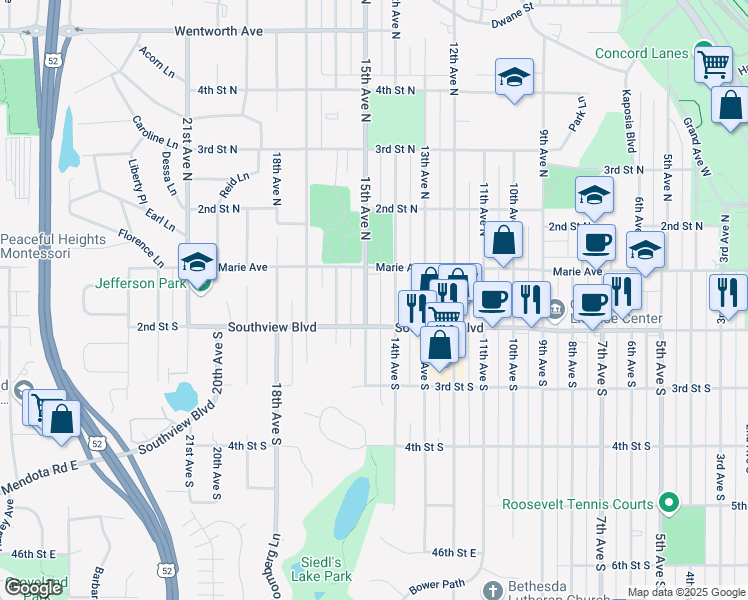 map of restaurants, bars, coffee shops, grocery stores, and more near 109 15th Avenue South in South Saint Paul