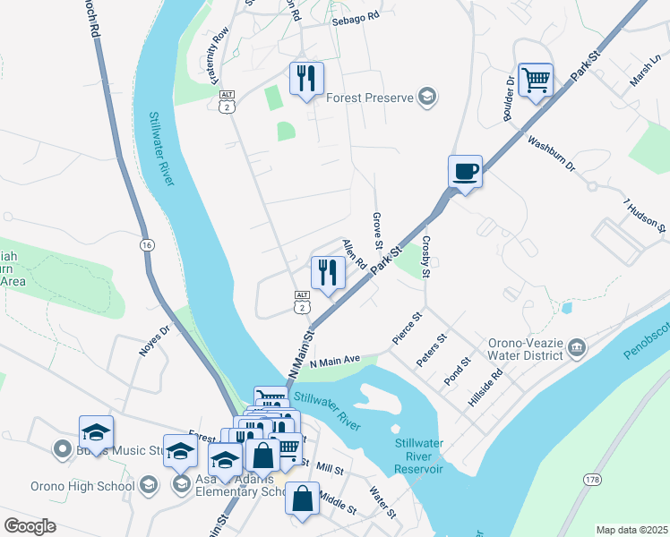 map of restaurants, bars, coffee shops, grocery stores, and more near 24 Allen Road in Orono