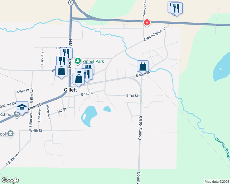 map of restaurants, bars, coffee shops, grocery stores, and more near 110 South Zippel Avenue in Gillett
