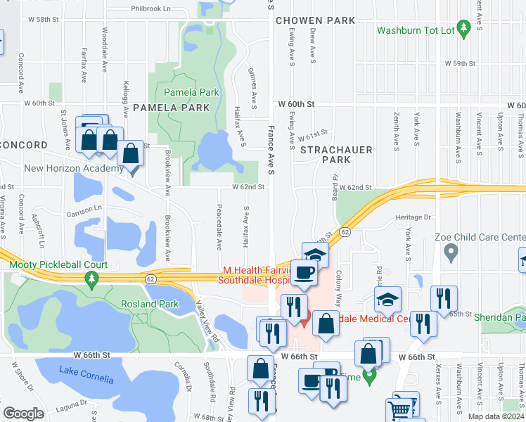 map of restaurants, bars, coffee shops, grocery stores, and more near 6205 Halifax Avenue South in Minneapolis