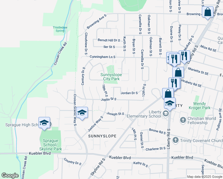 map of restaurants, bars, coffee shops, grocery stores, and more near 1724 Jordan Drive South in Salem