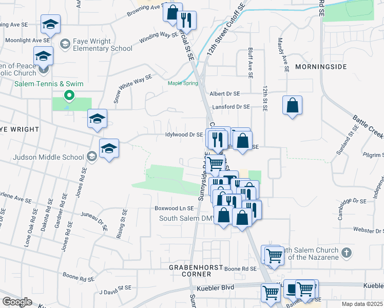 map of restaurants, bars, coffee shops, grocery stores, and more near 4515 Sunnyside Road Southeast in Salem