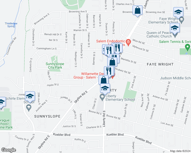 map of restaurants, bars, coffee shops, grocery stores, and more near 1115 Liberty Circle South in Salem