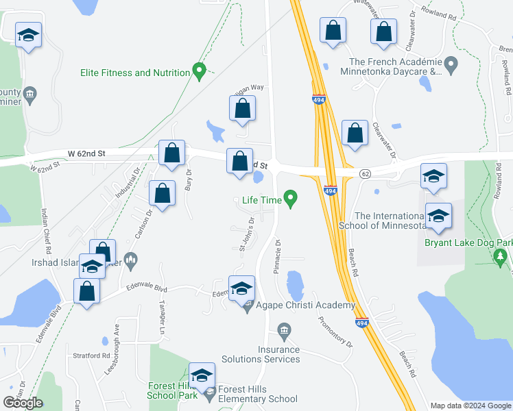 map of restaurants, bars, coffee shops, grocery stores, and more near 6257 Saint Johns Woods in Eden Prairie