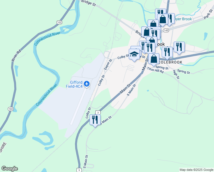 map of restaurants, bars, coffee shops, grocery stores, and more near 15 Colby Commons Lane in Colebrook