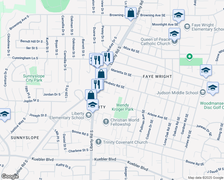 map of restaurants, bars, coffee shops, grocery stores, and more near 160 Hrubetz Road Southeast in Salem