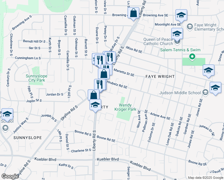 map of restaurants, bars, coffee shops, grocery stores, and more near 160 Hrubetz Road Southeast in Salem